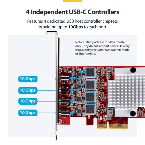 USB PCIe Card StarTech 4-Port USB-C 10Gbps Expansion Windows/Linux/macOS - P10Q4C-USB-CARD