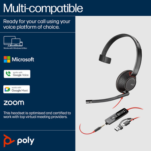 Wired Headset HP Poly Blackwire 5210 USB-C 3.5mm Adapter Bulk - 8X230A6